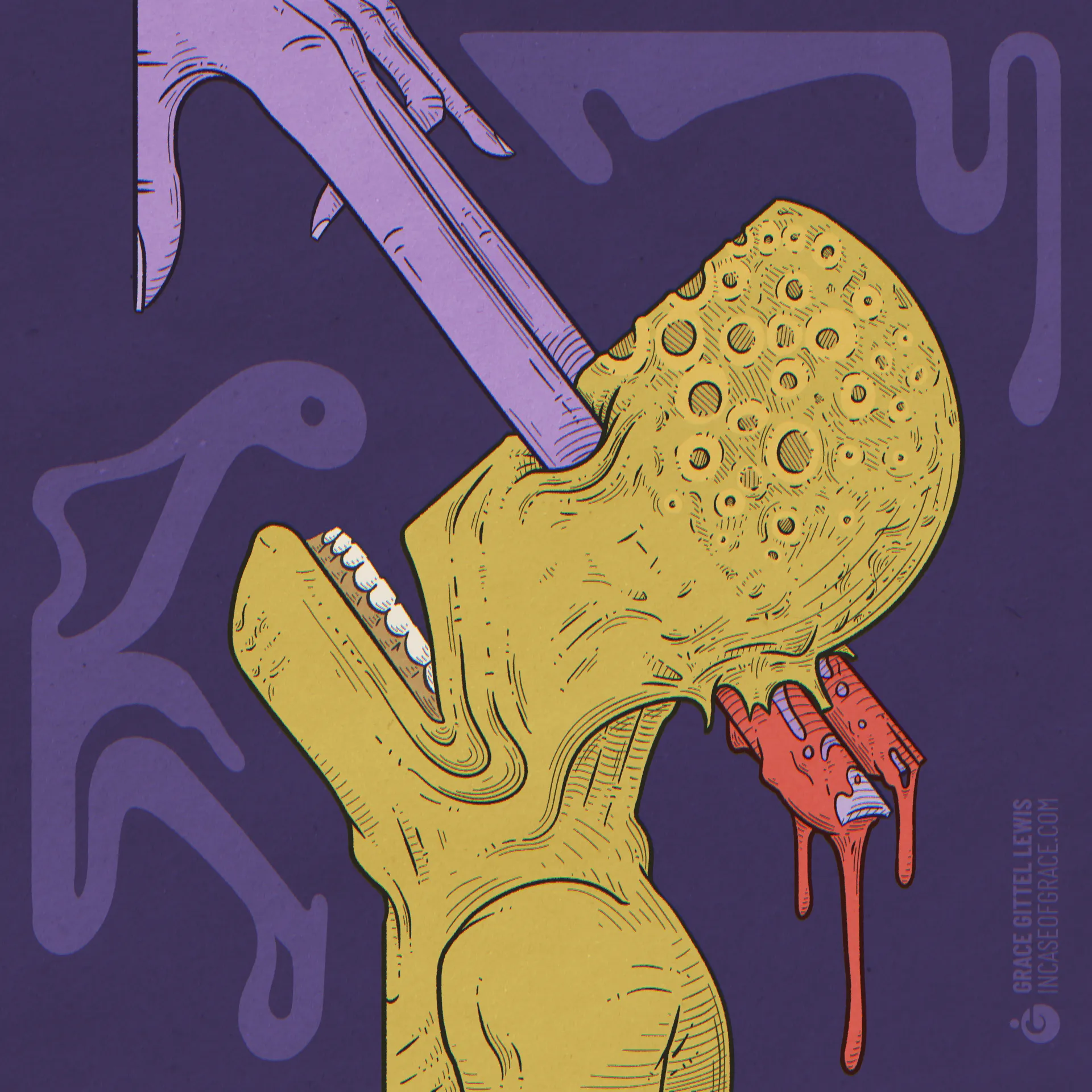 A digital illustration depicting a lurid yellow figure whose skull is being penetrated by two purple fingers on a warped hand in the upper-left of the frame. Red blood drips from the fingertips.
